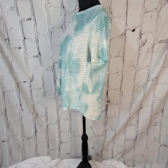 WHITE Turquoise Marble Dye Eyelet See Through Casual Short Sleeve Light Top L - Picture 3 of 6
